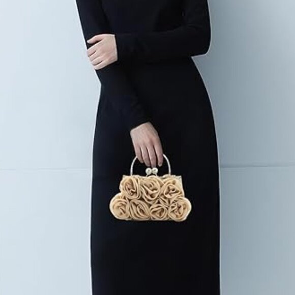 Neiman Marcus Handbags - Neiman Marcus Champagne Floral Satin Small Evening Clutch Bag